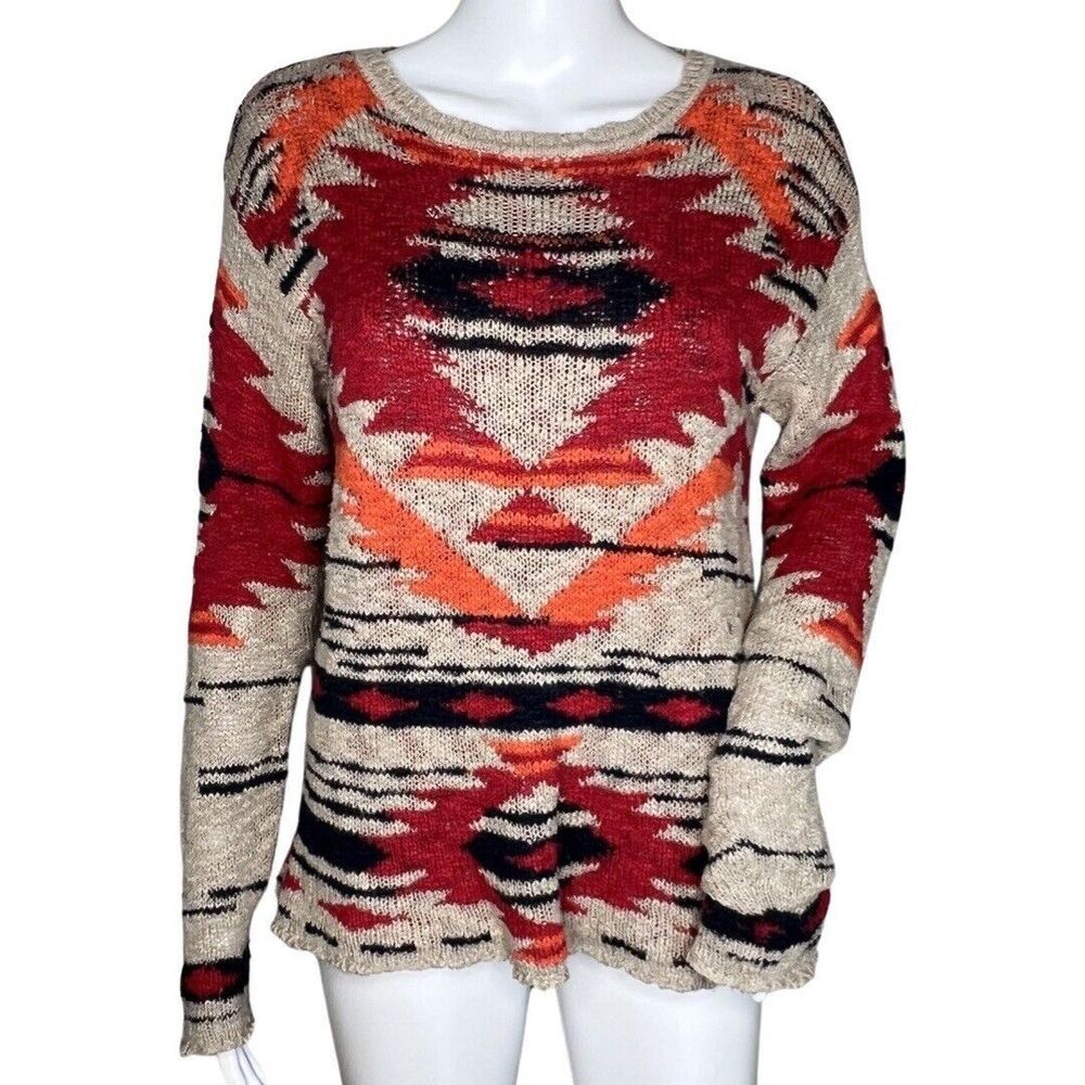 Triple Five Soul Sweater Womens Extra Small Tan Red Southwestern Aztec Colorful